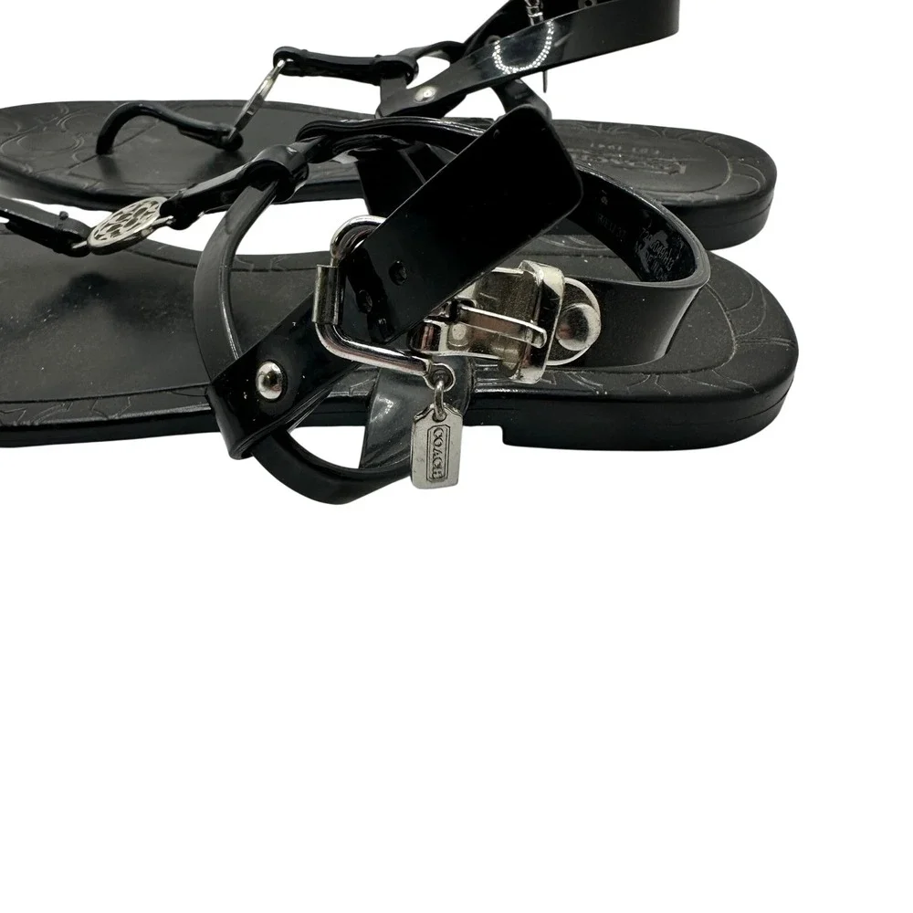 Coach Womens Pansy Sandals‎ Size 7 Black Jelly T-Strap Thong Slingback Medallion